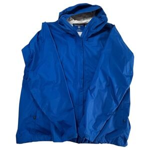 MEC Mens Mountain Equipment Company Canada L Blue Waterproof Hooded Rain Jacket‎